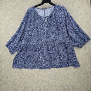 Lane Bryant Womens Floral Print Tunic Top Navy Blue Size 34/36 Polyester Relaxed